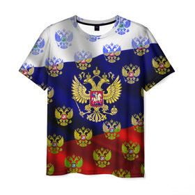 Мужская футболка 3D с принтом Россыпь гербов РФ в Новосибирске, 100% полиэфир | прямой крой, круглый вырез горловины, длина до линии бедер | герб | государство | желтый | зеленый | знамя | золотой | множество | патриот | развивающийся | российская федерация | россия | рф | символ | синий | стяг | триколор | флаг