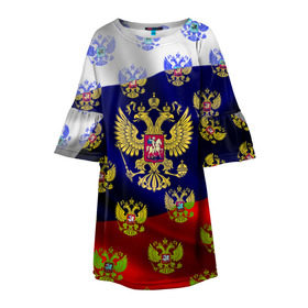 Детское платье 3D с принтом Россыпь гербов РФ в Новосибирске, 100% полиэстер | прямой силуэт, чуть расширенный к низу. Круглая горловина, на рукавах — воланы | герб | государство | желтый | зеленый | знамя | золотой | множество | патриот | развивающийся | российская федерация | россия | рф | символ | синий | стяг | триколор | флаг