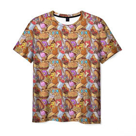 Мужская футболка 3D с принтом Фастфуд в Новосибирске, 100% полиэфир | прямой крой, круглый вырез горловины, длина до линии бедер | бурито | вкусняшка | вок | гамбургер | еда я люблю тебя | жарить | жир | курица | лапша | макдак | мороженое | нагетсы | пицца | пончики | салями | смайл | фри | хотдог | шаурма