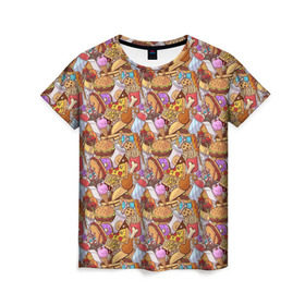 Женская футболка 3D с принтом Фастфуд в Новосибирске, 100% полиэфир ( синтетическое хлопкоподобное полотно) | прямой крой, круглый вырез горловины, длина до линии бедер | бурито | вкусняшка | вок | гамбургер | еда я люблю тебя | жарить | жир | курица | лапша | макдак | мороженое | нагетсы | пицца | пончики | салями | смайл | фри | хотдог | шаурма