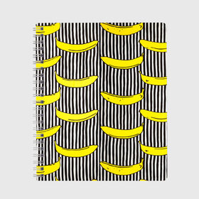 Тетрадь с принтом Бананы на Полосатом Фоне в Новосибирске, 100% бумага | 48 листов, плотность листов — 60 г/м2, плотность картонной обложки — 250 г/м2. Листы скреплены сбоку удобной пружинной спиралью. Уголки страниц и обложки скругленные. Цвет линий — светло-серый
 | банана | бананчик | вкусный | желтый | спелый | фрукт