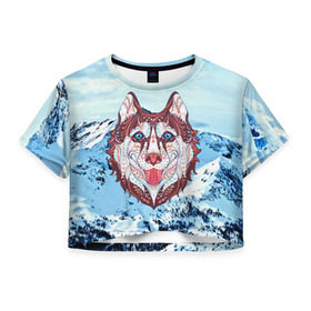 Женская футболка 3D укороченная с принтом Хаски в Новосибирске, 100% полиэстер | круглая горловина, длина футболки до линии талии, рукава с отворотами | at | bowwow | dog | hound | pooch | арт | гончая | гончая собака | горы | деревья | лес | снег | собака | хаски | холод