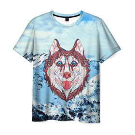 Мужская футболка 3D с принтом Хаски в Новосибирске, 100% полиэфир | прямой крой, круглый вырез горловины, длина до линии бедер | at | bowwow | dog | hound | pooch | арт | гончая | гончая собака | горы | деревья | лес | снег | собака | хаски | холод