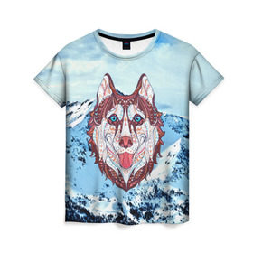 Женская футболка 3D с принтом Хаски в Новосибирске, 100% полиэфир ( синтетическое хлопкоподобное полотно) | прямой крой, круглый вырез горловины, длина до линии бедер | at | bowwow | dog | hound | pooch | арт | гончая | гончая собака | горы | деревья | лес | снег | собака | хаски | холод
