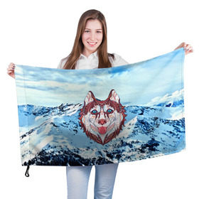 Флаг 3D с принтом Хаски в Новосибирске, 100% полиэстер | плотность ткани — 95 г/м2, размер — 67 х 109 см. Принт наносится с одной стороны | at | bowwow | dog | hound | pooch | арт | гончая | гончая собака | горы | деревья | лес | снег | собака | хаски | холод