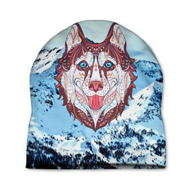 Шапка 3D с принтом Хаски в Новосибирске, 100% полиэстер | универсальный размер, печать по всей поверхности изделия | at | bowwow | dog | hound | pooch | арт | гончая | гончая собака | горы | деревья | лес | снег | собака | хаски | холод