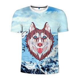 Мужская футболка 3D спортивная с принтом Хаски в Новосибирске, 100% полиэстер с улучшенными характеристиками | приталенный силуэт, круглая горловина, широкие плечи, сужается к линии бедра | at | bowwow | dog | hound | pooch | арт | гончая | гончая собака | горы | деревья | лес | снег | собака | хаски | холод