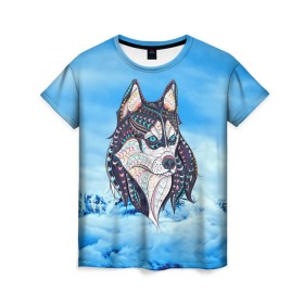 Женская футболка 3D с принтом Siberian Husky в Новосибирске, 100% полиэфир ( синтетическое хлопкоподобное полотно) | прямой крой, круглый вырез горловины, длина до линии бедер | at | bowwow | dog | hound | pooch | арт | гончая | гончая собака | горы | деревья | лес | снег | собака | хаски | холод