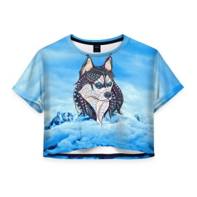 Женская футболка 3D укороченная с принтом Siberian Husky в Новосибирске, 100% полиэстер | круглая горловина, длина футболки до линии талии, рукава с отворотами | at | bowwow | dog | hound | pooch | арт | гончая | гончая собака | горы | деревья | лес | снег | собака | хаски | холод