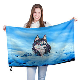 Флаг 3D с принтом Siberian Husky в Новосибирске, 100% полиэстер | плотность ткани — 95 г/м2, размер — 67 х 109 см. Принт наносится с одной стороны | at | bowwow | dog | hound | pooch | арт | гончая | гончая собака | горы | деревья | лес | снег | собака | хаски | холод