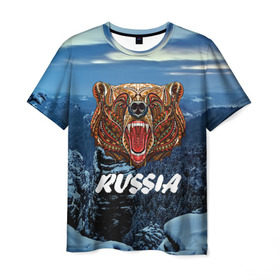 Мужская футболка 3D с принтом Russian bear в Новосибирске, 100% полиэфир | прямой крой, круглый вырез горловины, длина до линии бедер | 