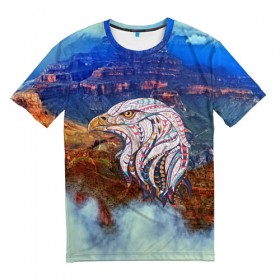 Мужская футболка 3D с принтом eagle в Новосибирске, 100% полиэфир | прямой крой, круглый вырез горловины, длина до линии бедер | aquila | bird | eagle | orel | usa | америка | арт | горы | каньон | небо | облака | орел | птицы | ястреб