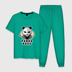 Мужская пижама хлопок с принтом Panda Boss в Новосибирске, 100% хлопок | брюки и футболка прямого кроя, без карманов, на брюках мягкая резинка на поясе и по низу штанин
 | Тематика изображения на принте: банда | большой | босс | важный | главарь | главный | директор | крутой | круче всех | лидер | мех | панда | россия | русский | самый | супер | трубка | шуба