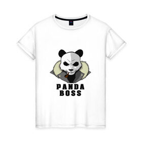 Женская футболка хлопок с принтом Panda Boss в Новосибирске, 100% хлопок | прямой крой, круглый вырез горловины, длина до линии бедер, слегка спущенное плечо | банда | большой | босс | важный | главарь | главный | директор | крутой | круче всех | лидер | мех | панда | россия | русский | самый | супер | трубка | шуба