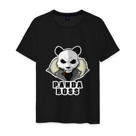 Мужская футболка хлопок с принтом Panda Boss в Новосибирске, 100% хлопок | прямой крой, круглый вырез горловины, длина до линии бедер, слегка спущенное плечо. | банда | большой | босс | важный | главарь | главный | директор | крутой | круче всех | лидер | мех | панда | россия | русский | самый | супер | трубка | шуба