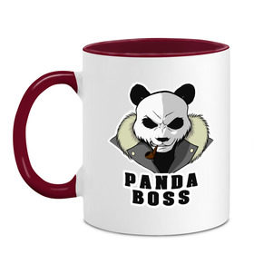 Кружка двухцветная с принтом Panda Boss в Новосибирске, керамика | объем — 330 мл, диаметр — 80 мм. Цветная ручка и кайма сверху, в некоторых цветах — вся внутренняя часть | банда | большой | босс | важный | главарь | главный | директор | крутой | круче всех | лидер | мех | панда | россия | русский | самый | супер | трубка | шуба