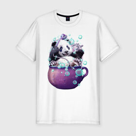 Мужская футболка премиум с принтом Панда в Новосибирске, 92% хлопок, 8% лайкра | приталенный силуэт, круглый вырез ворота, длина до линии бедра, короткий рукав | арт | ванная | пена | пузыри | рисунок