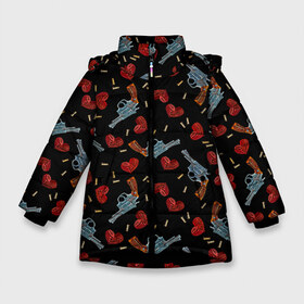 Зимняя куртка для девочек 3D с принтом Револьверы и Розы в Новосибирске, ткань верха — 100% полиэстер; подклад — 100% полиэстер, утеплитель — 100% полиэстер. | длина ниже бедра, удлиненная спинка, воротник стойка и отстегивающийся капюшон. Есть боковые карманы с листочкой на кнопках, утяжки по низу изделия и внутренний карман на молнии. 

Предусмотрены светоотражающий принт на спинке, радужный светоотражающий элемент на пуллере молнии и на резинке для утяжки. | bullet for my valentine | gun  roses | gun and rose | паттерн