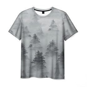 Мужская футболка 3D с принтом Туманный лес в Новосибирске, 100% полиэфир | прямой крой, круглый вырез горловины, длина до линии бедер | бор | вечер | деревья | елка | еловый | ель | загадочный | земля | зима | лес | мрачный | необычный | природа | серый | сибирь | снег | тайга | туман | хвойный