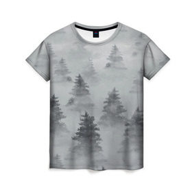 Женская футболка 3D с принтом Туманный лес в Новосибирске, 100% полиэфир ( синтетическое хлопкоподобное полотно) | прямой крой, круглый вырез горловины, длина до линии бедер | бор | вечер | деревья | елка | еловый | ель | загадочный | земля | зима | лес | мрачный | необычный | природа | серый | сибирь | снег | тайга | туман | хвойный