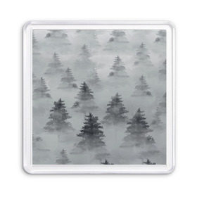 Магнит 55*55 с принтом Туманный лес в Новосибирске, Пластик | Размер: 65*65 мм; Размер печати: 55*55 мм | Тематика изображения на принте: бор | вечер | деревья | елка | еловый | ель | загадочный | земля | зима | лес | мрачный | необычный | природа | серый | сибирь | снег | тайга | туман | хвойный