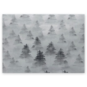Поздравительная открытка с принтом Туманный лес в Новосибирске, 100% бумага | плотность бумаги 280 г/м2, матовая, на обратной стороне линовка и место для марки
 | бор | вечер | деревья | елка | еловый | ель | загадочный | земля | зима | лес | мрачный | необычный | природа | серый | сибирь | снег | тайга | туман | хвойный
