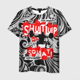 Мужская футболка 3D с принтом Powerlifting shut up and squat в Новосибирске, 100% полиэфир | прямой крой, круглый вырез горловины, длина до линии бедер | Тематика изображения на принте: powerlifting | shut up and squat | пауэрлифтинг