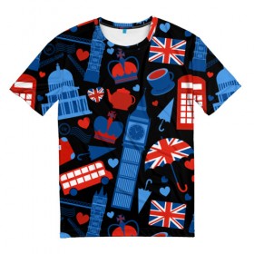 Мужская футболка 3D с принтом Великобритания в Новосибирске, 100% полиэфир | прямой крой, круглый вырез горловины, длина до линии бедер | красный | лондон | паттерн | черный
