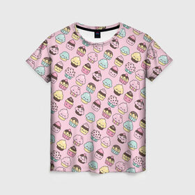 Женская футболка 3D с принтом Каваи Кексики в Новосибирске, 100% полиэфир ( синтетическое хлопкоподобное полотно) | прямой крой, круглый вырез горловины, длина до линии бедер | аниме | вкусняшка | детский | еда | капкейки | лапуля | милота | милый | мимими | няша | розовый