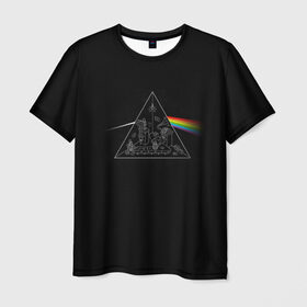Мужская футболка 3D с принтом Pink Floyd Make Rainbow в Новосибирске, 100% полиэфир | прямой крой, круглый вырез горловины, длина до линии бедер | англия | басы | британия | гитара | группа | логотип | музыка | песни | пинк флойд | призма | радуга | рок | свет
