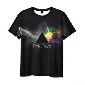 Мужская футболка 3D с принтом Pink Floyd Logo в Новосибирске, 100% полиэфир | прямой крой, круглый вырез горловины, длина до линии бедер | англия | басы | британия | гитара | группа | дым | космос | логотип | музыка | песни | пинк флойд | призма | радуга | рок | свет