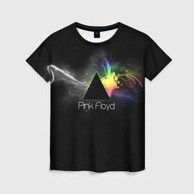 Женская футболка 3D с принтом Pink Floyd Logo в Новосибирске, 100% полиэфир ( синтетическое хлопкоподобное полотно) | прямой крой, круглый вырез горловины, длина до линии бедер | англия | басы | британия | гитара | группа | дым | космос | логотип | музыка | песни | пинк флойд | призма | радуга | рок | свет