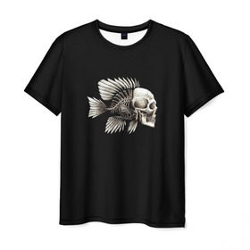 Мужская футболка 3D с принтом Рыба Скелет в Новосибирске, 100% полиэфир | прямой крой, круглый вырез горловины, длина до линии бедер | анатомия | кости | море | плавники | принт | рисунок | рыбный | рыбы | тату | ужас | хвост | череп | черный | чешуя
