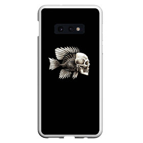 Чехол для Samsung S10E с принтом Рыба Скелет в Новосибирске, Силикон | Область печати: задняя сторона чехла, без боковых панелей | анатомия | кости | море | плавники | принт | рисунок | рыбный | рыбы | тату | ужас | хвост | череп | черный | чешуя