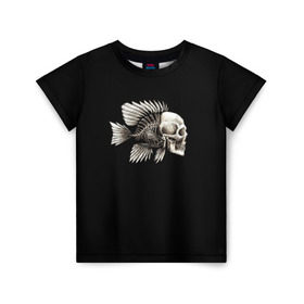 Детская футболка 3D с принтом Рыба Скелет в Новосибирске, 100% гипоаллергенный полиэфир | прямой крой, круглый вырез горловины, длина до линии бедер, чуть спущенное плечо, ткань немного тянется | анатомия | кости | море | плавники | принт | рисунок | рыбный | рыбы | тату | ужас | хвост | череп | черный | чешуя