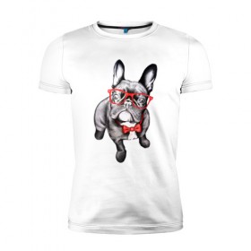 Мужская футболка премиум с принтом Бульдог в Новосибирске, 92% хлопок, 8% лайкра | приталенный силуэт, круглый вырез ворота, длина до линии бедра, короткий рукав | bulldog | dog | бабочка | бульдог в очках | в очках | дог | очки | собака