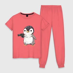 Женская пижама хлопок с принтом Пингвин с пистолетом в Новосибирске, 100% хлопок | брюки и футболка прямого кроя, без карманов, на брюках мягкая резинка на поясе и по низу штанин | 