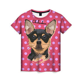 Женская футболка 3D с принтом Чихуахуа в Новосибирске, 100% полиэфир ( синтетическое хлопкоподобное полотно) | прямой крой, круглый вырез горловины, длина до линии бедер | chihuahua | dog | арт | горошек | животное | кружочек | розовый | собака | текстура | чихуахуа