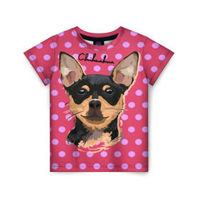 Детская футболка 3D с принтом Чихуахуа в Новосибирске, 100% гипоаллергенный полиэфир | прямой крой, круглый вырез горловины, длина до линии бедер, чуть спущенное плечо, ткань немного тянется | chihuahua | dog | арт | горошек | животное | кружочек | розовый | собака | текстура | чихуахуа