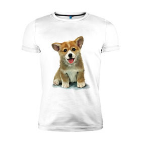 Мужская футболка премиум с принтом Коржик в Новосибирске, 92% хлопок, 8% лайкра | приталенный силуэт, круглый вырез ворота, длина до линии бедра, короткий рукав | corgi | dog | korgi | вельш корги | дог | кардиган | корги | пемброк | собака | щенок