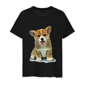Мужская футболка хлопок с принтом Коржик в Новосибирске, 100% хлопок | прямой крой, круглый вырез горловины, длина до линии бедер, слегка спущенное плечо. | Тематика изображения на принте: corgi | dog | korgi | вельш корги | дог | кардиган | корги | пемброк | собака | щенок