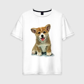 Женская футболка хлопок Oversize с принтом Коржик в Новосибирске, 100% хлопок | свободный крой, круглый ворот, спущенный рукав, длина до линии бедер
 | corgi | dog | korgi | вельш корги | дог | кардиган | корги | пемброк | собака | щенок