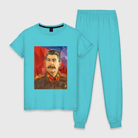 Женская пижама хлопок с принтом Сталин в Новосибирске, 100% хлопок | брюки и футболка прямого кроя, без карманов, на брюках мягкая резинка на поясе и по низу штанин | ссср | сталин