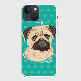 Чехол для iPhone 13 mini с принтом Мопсик в Новосибирске,  |  | dog | pug | арт | животное | кружочки | мопс | пес | собака | текстура