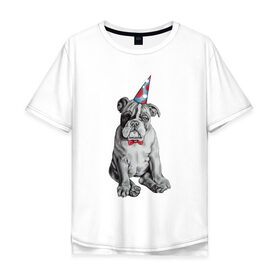 Мужская футболка хлопок Oversize с принтом праздничный бульдог в Новосибирске, 100% хлопок | свободный крой, круглый ворот, “спинка” длиннее передней части | dog | happy | бабочка | бульдог | день рождение | дог | собака