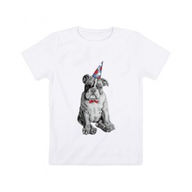 Детская футболка хлопок с принтом праздничный бульдог в Новосибирске, 100% хлопок | круглый вырез горловины, полуприлегающий силуэт, длина до линии бедер | dog | happy | бабочка | бульдог | день рождение | дог | собака