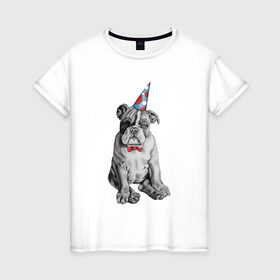 Женская футболка хлопок с принтом праздничный бульдог в Новосибирске, 100% хлопок | прямой крой, круглый вырез горловины, длина до линии бедер, слегка спущенное плечо | dog | happy | бабочка | бульдог | день рождение | дог | собака