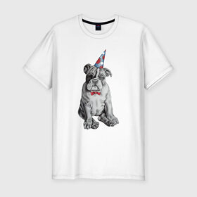 Мужская футболка премиум с принтом праздничный бульдог в Новосибирске, 92% хлопок, 8% лайкра | приталенный силуэт, круглый вырез ворота, длина до линии бедра, короткий рукав | dog | happy | бабочка | бульдог | день рождение | дог | собака