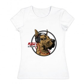Женская футболка хлопок с принтом Музыкальная собака в Новосибирске, 100% хлопок | прямой крой, круглый вырез горловины, длина до линии бедер, слегка спущенное плечо | 