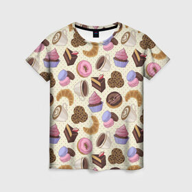 Женская футболка 3D с принтом Радости и сладости 2 в Новосибирске, 100% полиэфир ( синтетическое хлопкоподобное полотно) | прямой крой, круглый вырез горловины, длина до линии бедер | глазурь | завтрак | кекс | кофе | крем | круасан | макарон | настроение | паттерн | печенье | пончик | радости | сладости | торт
